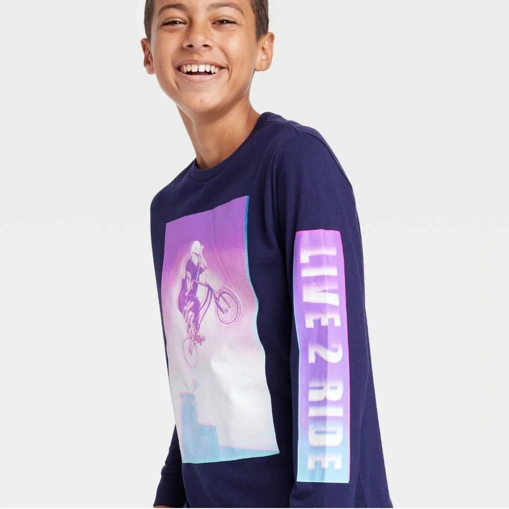 Large - Boys Live 2 Ride Long Sleeve Graphic T-Shirt - art class - Navy Blue